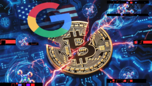 Una moneda de Bitcoin rota, junto al logo de Google y la bandera de EE. UU.