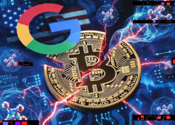 Una moneda de Bitcoin rota, junto al logo de Google y la bandera de EE. UU.