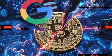 Una moneda de Bitcoin rota, junto al logo de Google y la bandera de EE. UU.