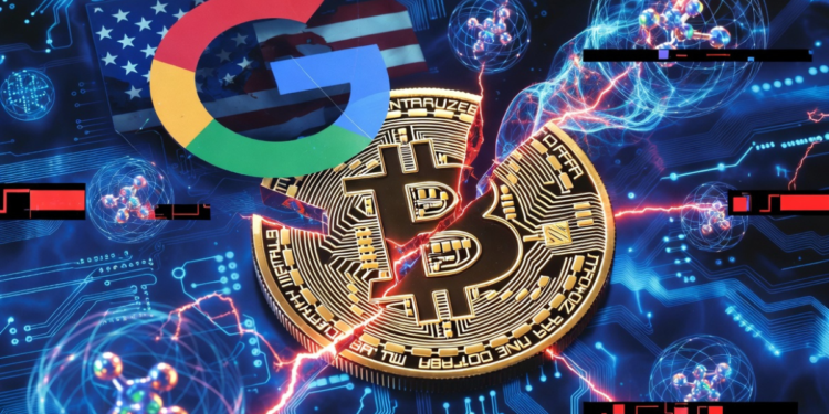 Una moneda de Bitcoin rota, junto al logo de Google y la bandera de EE. UU.