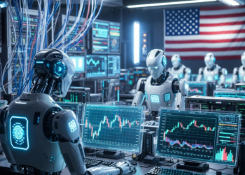 Robots de IA operando en un centro tecnológico.