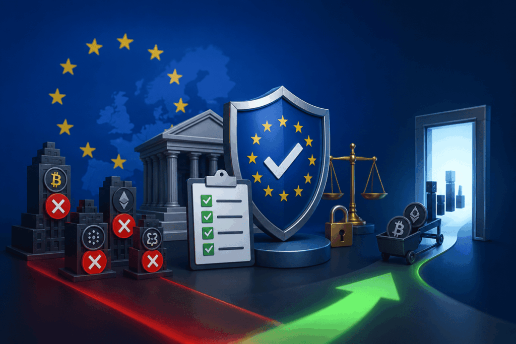 Escudo con estrellas de la Unión Europea junto a una balanza y una lista de verificación, frente a varias plataformas de criptomonedas marcadas con cruces rojas y una puerta iluminada al fondo.