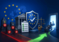 Escudo con estrellas de la Unión Europea junto a una balanza y una lista de verificación, frente a varias plataformas de criptomonedas marcadas con cruces rojas y una puerta iluminada al fondo.