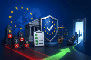 Escudo con estrellas de la Unión Europea junto a una balanza y una lista de verificación, frente a varias plataformas de criptomonedas marcadas con cruces rojas y una puerta iluminada al fondo.