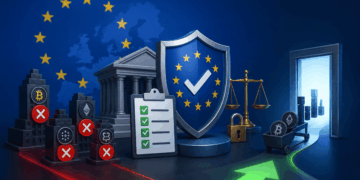 Escudo con estrellas de la Unión Europea junto a una balanza y una lista de verificación, frente a varias plataformas de criptomonedas marcadas con cruces rojas y una puerta iluminada al fondo.