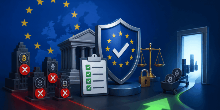 Escudo con estrellas de la Unión Europea junto a una balanza y una lista de verificación, frente a varias plataformas de criptomonedas marcadas con cruces rojas y una puerta iluminada al fondo.