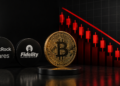Logo de los principales ETF de BTC, moneda de BTC y gráficos en rojo.