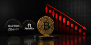 Logo de los principales ETF de BTC, moneda de BTC y gráficos en rojo.