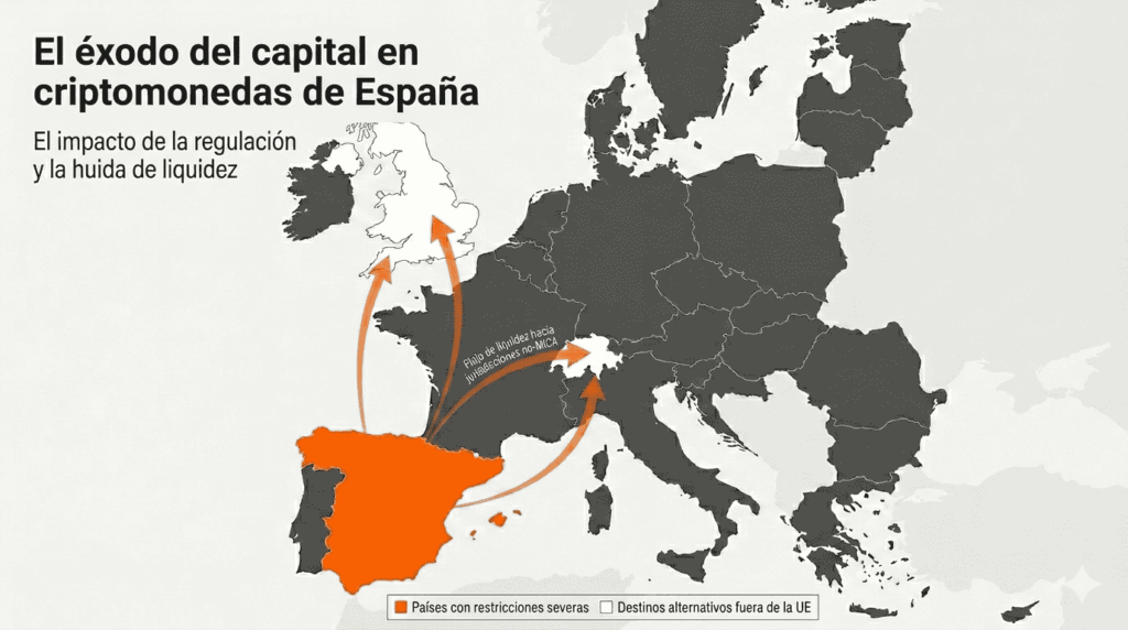 Mapa vectorial simplificado de la Unión Europea que resalta a España y la eurozona. Flechas dinámicas de flujo financiero muestran la salida de capitales en criptomonedas desde el territorio europeo hacia países vecinos no comunitarios como el Reino Unido y Suiza.