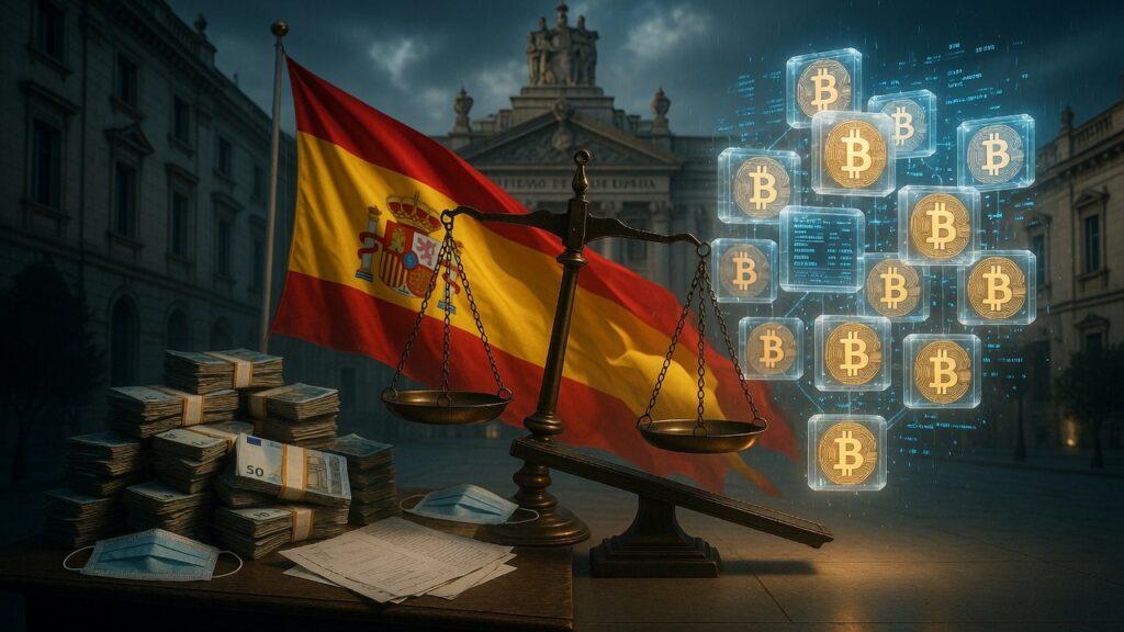Composición unificada y coherente con el Tribunal Supremo y la bandera de España como elementos centrales, combinando los símbolos de corrupción fiat (billetes y mascarillas) con la transparencia de Bitcoin, todo en un mismo entorno realista.