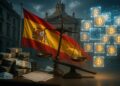Composición unificada y coherente con el Tribunal Supremo y la bandera de España como elementos centrales, combinando los símbolos de corrupción fiat (billetes y mascarillas) con la transparencia de Bitcoin, todo en un mismo entorno realista.
