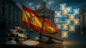 Composición unificada y coherente con el Tribunal Supremo y la bandera de España como elementos centrales, combinando los símbolos de corrupción fiat (billetes y mascarillas) con la transparencia de Bitcoin, todo en un mismo entorno realista.