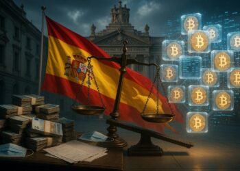 Composición unificada y coherente con el Tribunal Supremo y la bandera de España como elementos centrales, combinando los símbolos de corrupción fiat (billetes y mascarillas) con la transparencia de Bitcoin, todo en un mismo entorno realista.