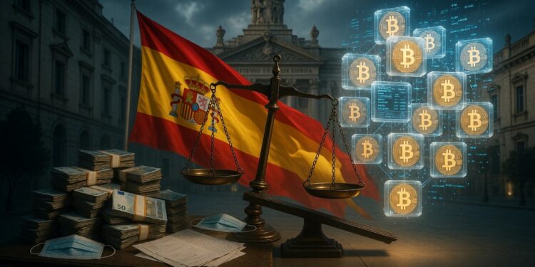 Composición unificada y coherente con el Tribunal Supremo y la bandera de España como elementos centrales, combinando los símbolos de corrupción fiat (billetes y mascarillas) con la transparencia de Bitcoin, todo en un mismo entorno realista.