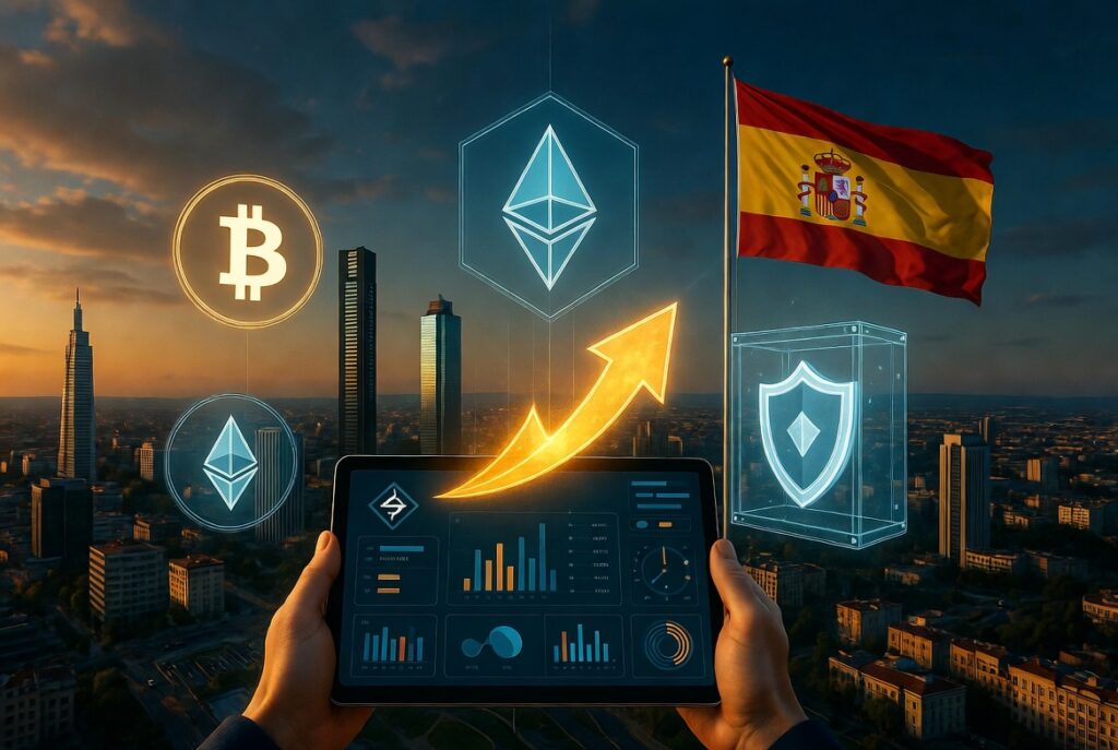 Skyline de Madrid al atardecer con Torre de Cristal. Manos sosteniendo una tablet con interfaz de trading de cryiptomonedas en primer plano. Elementos superpuestos: iconos de Bitcoin y Ethereum flotando, flecha dorada de migración, bóveda digital con escudo de protección y bandera de España ondeando.