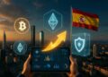 Skyline de Madrid al atardecer con Torre de Cristal. Manos sosteniendo una tablet con interfaz de trading de cryiptomonedas en primer plano. Elementos superpuestos: iconos de Bitcoin y Ethereum flotando, flecha dorada de migración, bóveda digital con escudo de protección y bandera de España ondeando.
