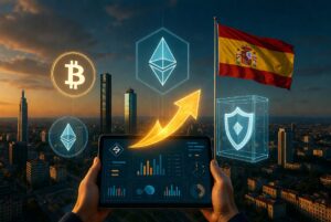 Skyline de Madrid al atardecer con Torre de Cristal. Manos sosteniendo una tablet con interfaz de trading de cryiptomonedas en primer plano. Elementos superpuestos: iconos de Bitcoin y Ethereum flotando, flecha dorada de migración, bóveda digital con escudo de protección y bandera de España ondeando.