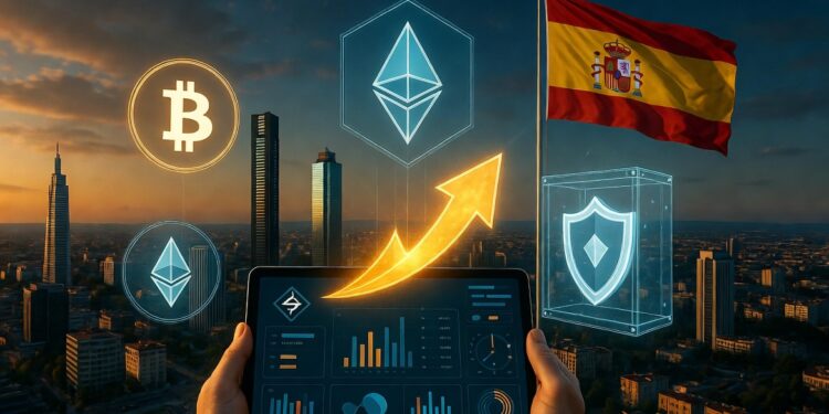 Skyline de Madrid al atardecer con Torre de Cristal. Manos sosteniendo una tablet con interfaz de trading de cryiptomonedas en primer plano. Elementos superpuestos: iconos de Bitcoin y Ethereum flotando, flecha dorada de migración, bóveda digital con escudo de protección y bandera de España ondeando.
