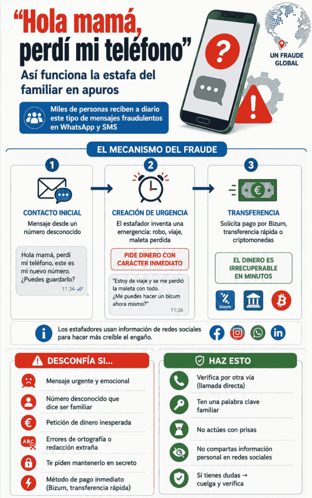 Infografía vertical con fondo blanco y acentos en rojo, verde y azul. Título principal: '"Hola mamá, perdí mi teléfono": así funciona la estafa del familiar en apuros'. El contenido se divide en tres bloques, desglosando los mecanismos de protección.