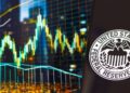 Gráfico de precio genérico y teléfono móvil con el logo de la Fed.