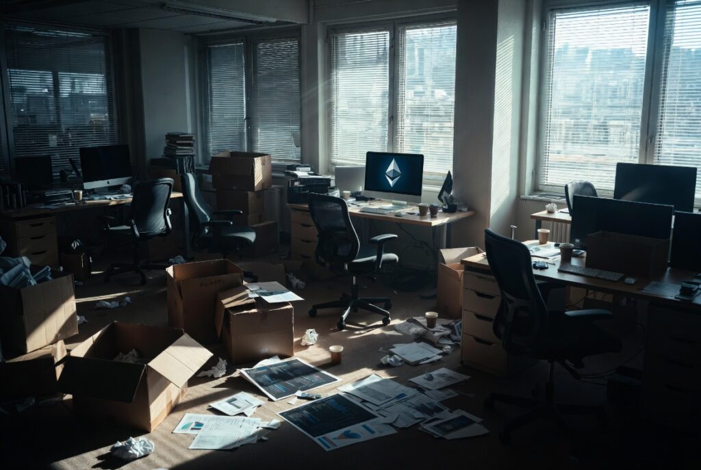 Una oficina abandonada, con una pantalla con el logo de Ethereum.