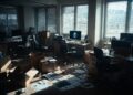 Una oficina abandonada, con una pantalla con el logo de Ethereum.