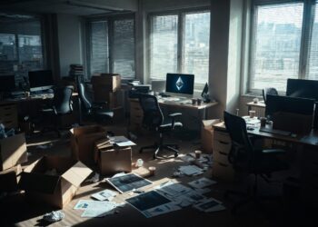 Una oficina abandonada, con una pantalla con el logo de Ethereum.