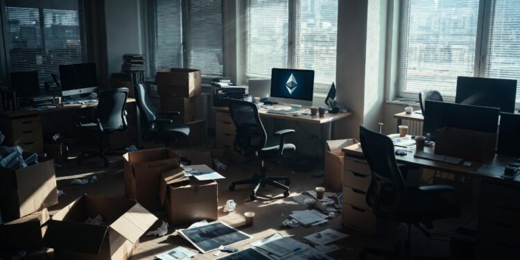 Una oficina abandonada, con una pantalla con el logo de Ethereum.