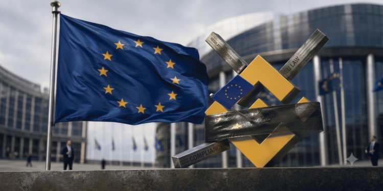 Bandera de Europa junto con el logo de Binance tapado parcialmente.
