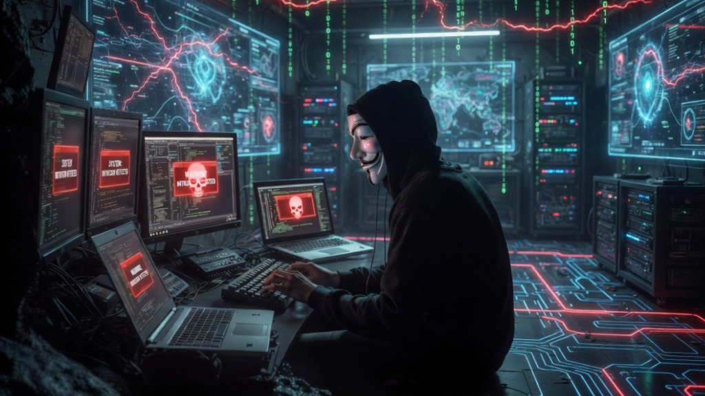 Un hacker operando en un cuarto con computadoras.