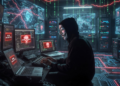 Un hacker operando en un cuarto con computadoras.