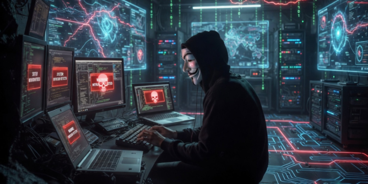 Un hacker operando en un cuarto con computadoras.