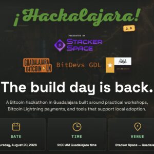 Afiche Hackalajara 2.0: hackathon Bitcoin Lightning en Guadalajara.