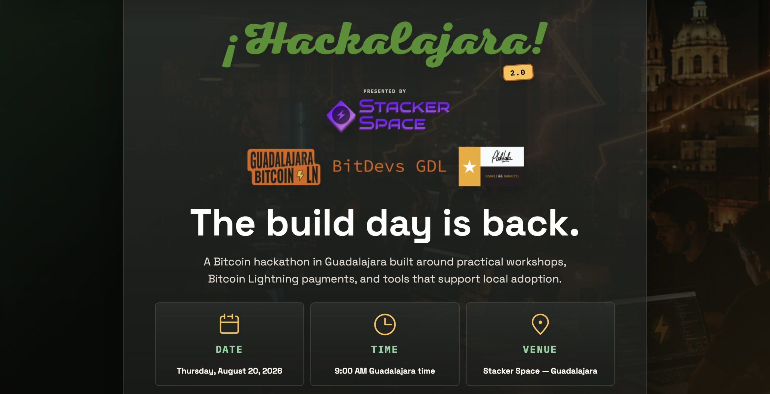 Afiche Hackalajara 2.0: hackathon Bitcoin Lightning en Guadalajara.