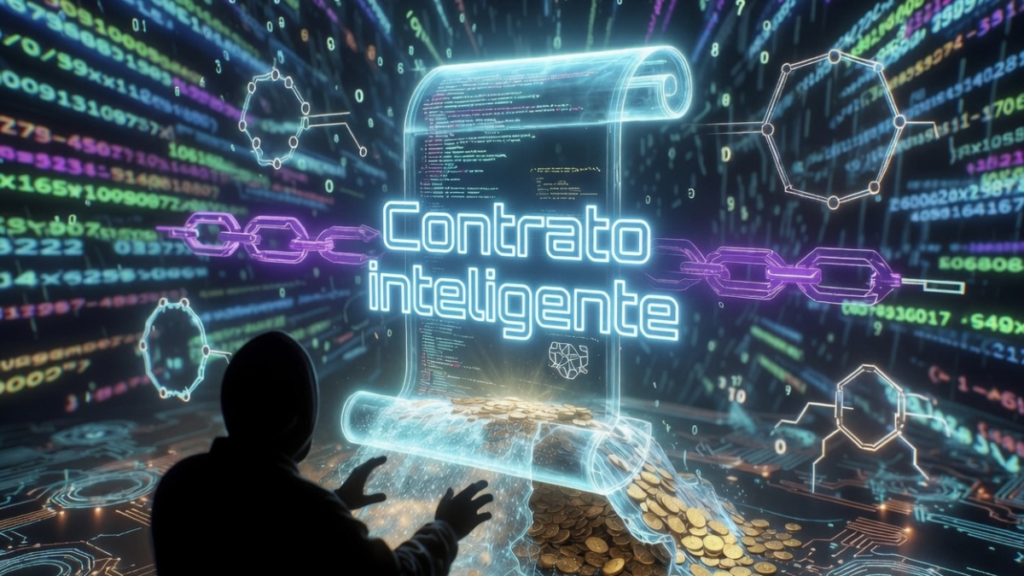 Un contrato inteligente de una red de criptomonedas siendo vulnerado por un hacker.
