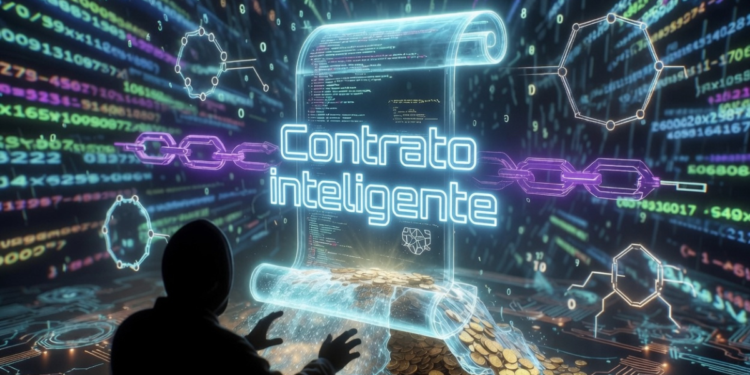 Un contrato inteligente de una red de criptomonedas siendo vulnerado por un hacker.