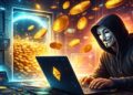 Un hacker operando en una computadora para robar fondos en criptomonedas.
