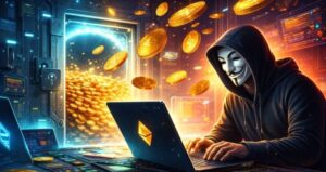 Un hacker operando en una computadora para robar fondos en criptomonedas.