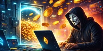 Un hacker operando en una computadora para robar fondos en criptomonedas.