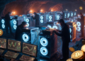 Mineros de Bitcoin operando con sus equipos en una cueva minera.