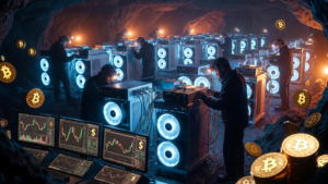 Mineros de Bitcoin operando con sus equipos en una cueva minera.