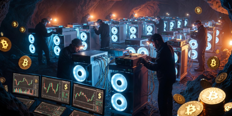 Mineros de Bitcoin operando con sus equipos en una cueva minera.