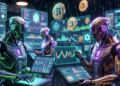Agentes de IA operando en un centro financiero con Bitcoin.