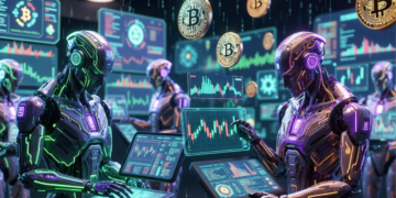 Agentes de IA operando en un centro financiero con Bitcoin.