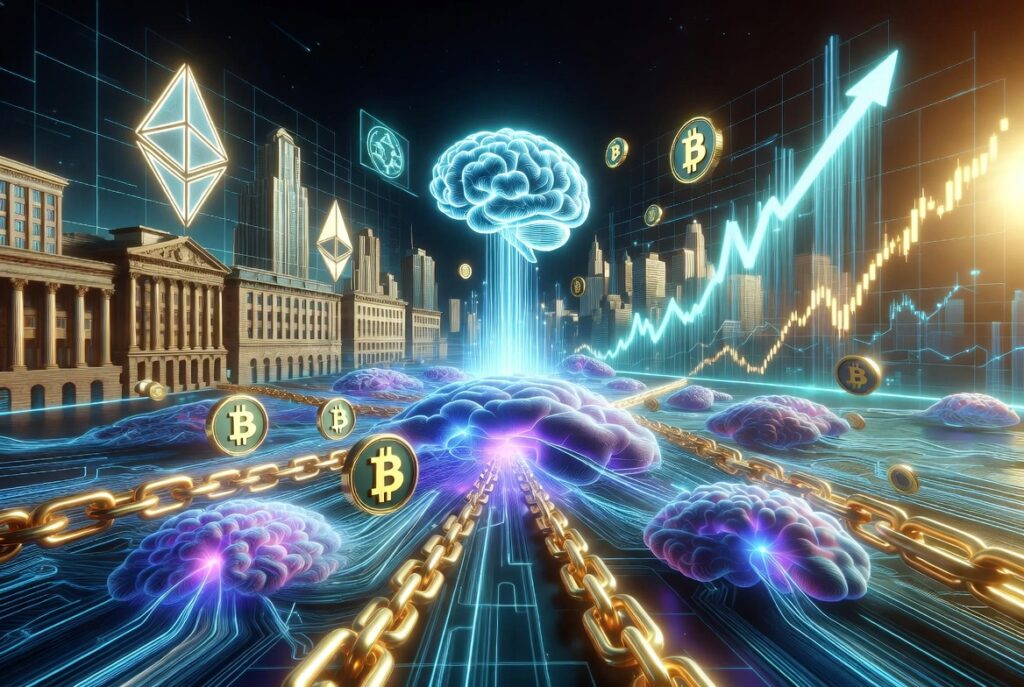 Redes neuronales de IA brillantes en azul y púrpura fusionándose con cadenas de bloques doradas y criptomonedas. Cerebro digital de IA en el centro conectado a gráficos financieros ascendentes y monedas de Bitcoin/Ethereum flotando.