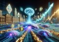 Redes neuronales de IA brillantes en azul y púrpura fusionándose con cadenas de bloques doradas y criptomonedas. Cerebro digital de IA en el centro conectado a gráficos financieros ascendentes y monedas de Bitcoin/Ethereum flotando.