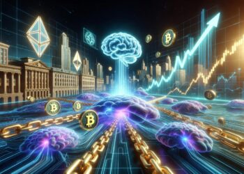 Redes neuronales de IA brillantes en azul y púrpura fusionándose con cadenas de bloques doradas y criptomonedas. Cerebro digital de IA en el centro conectado a gráficos financieros ascendentes y monedas de Bitcoin/Ethereum flotando.