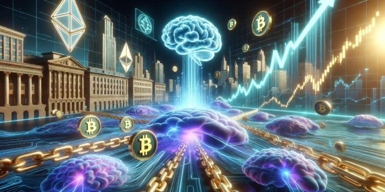 Redes neuronales de IA brillantes en azul y púrpura fusionándose con cadenas de bloques doradas y criptomonedas. Cerebro digital de IA en el centro conectado a gráficos financieros ascendentes y monedas de Bitcoin/Ethereum flotando.