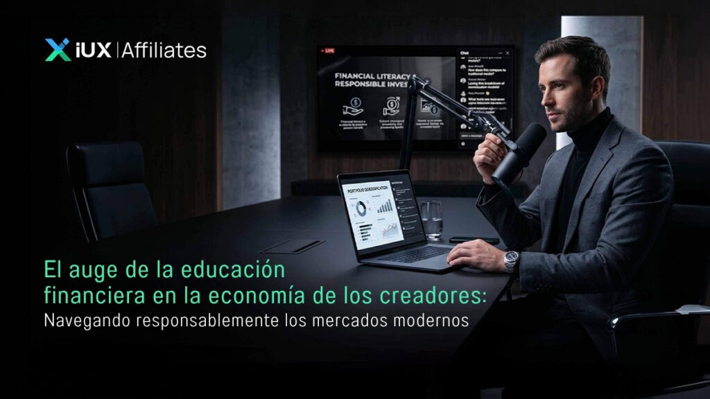 iUX promocional sobre el auge de la educación financiera en la economía de los creadores/influencers. En el fondo, un podcast financiero