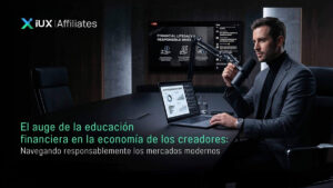 iUX promocional sobre el auge de la educación financiera en la economía de los creadores/influencers. En el fondo, un podcast financiero